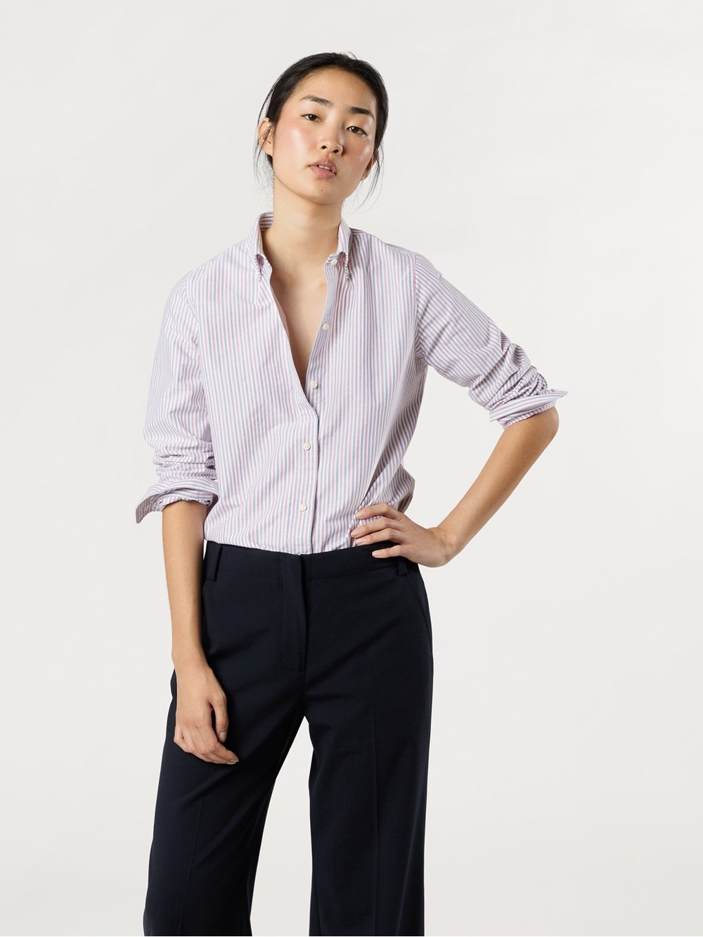 Ann Mashburn Boyfriend Shirt L Blue/Red Multi Stripe Button Down